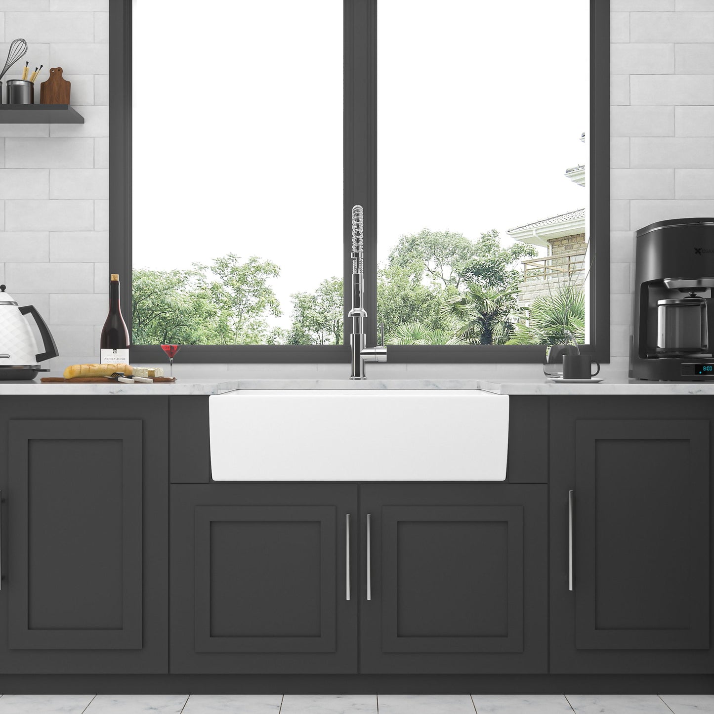 Ceramic Farmhouse Sink With Deep Basin And Stainless Steel Grid