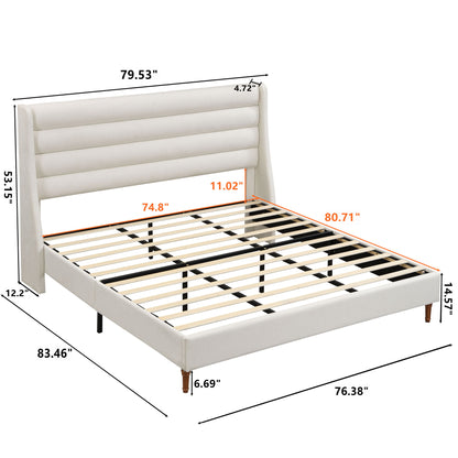 Modern Upholstered Platform Bed With Wave Shaped Headboard