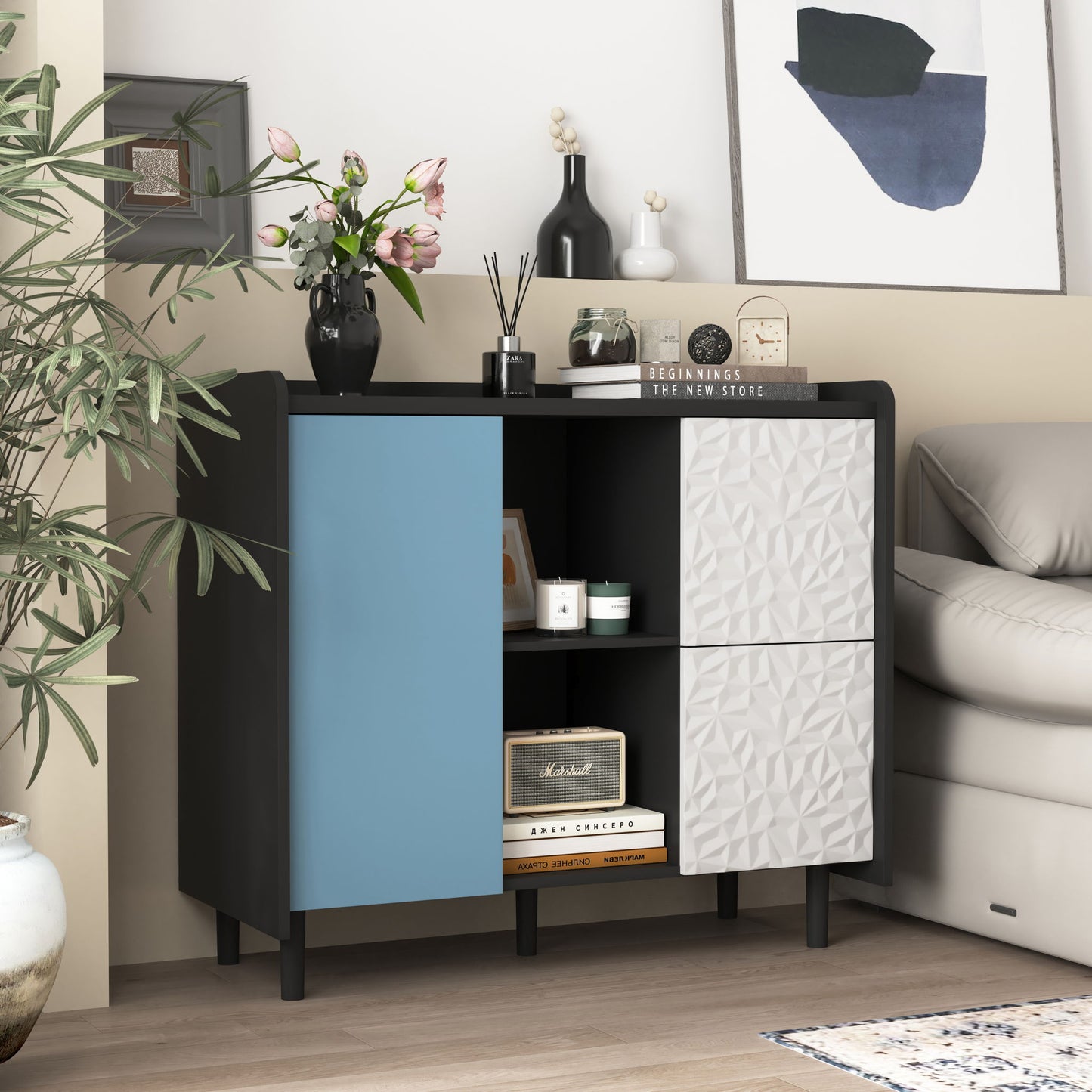 Modern Sideboard Buffet Cabinet With Doors And Unique Panel Styling