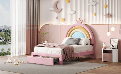Upholstered Rainbow Design Bed, Princess Platform Bed With Storage Drawer