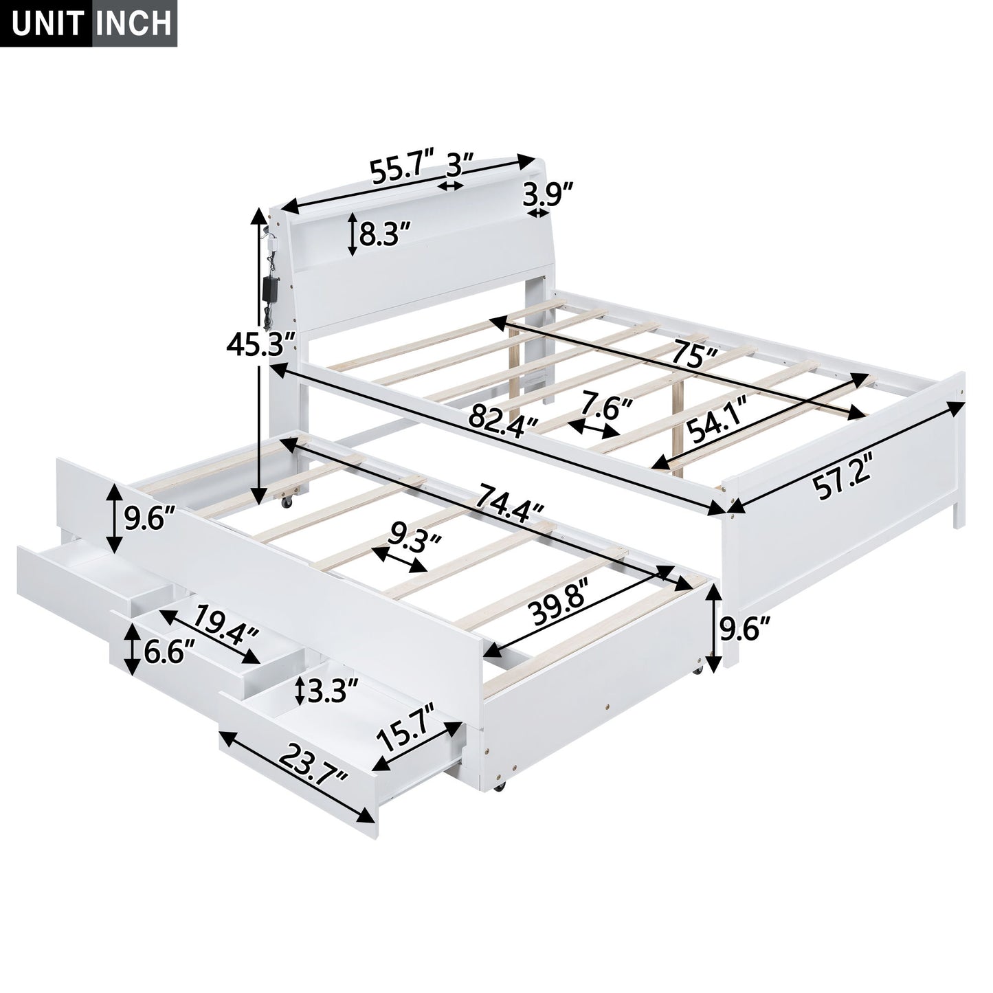 Full Size Platform Bed With Storage LED Headboard, Twin Trundle And 3 Drawers - White