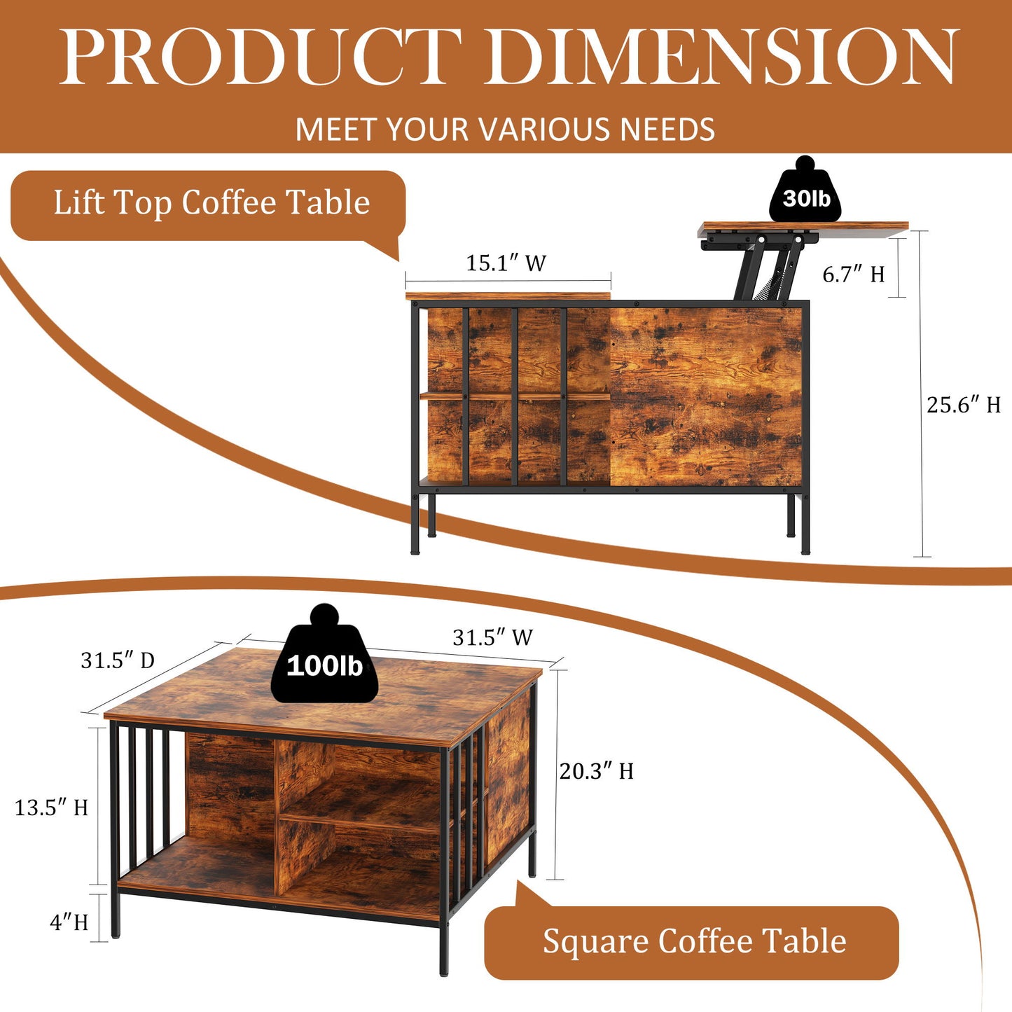 Lift Top Coffee Table With Storage, Adjustable Height Living Room - Black / Brown