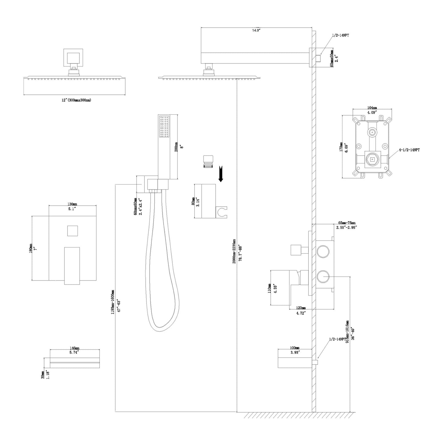 12" Ceiling Mount Square Shower System With Waterfall Tub Spout And Handheld Shower