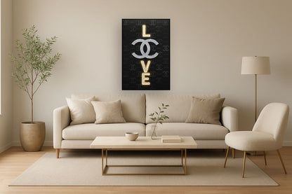 Noir Love Hand-Embellished LED Canvas In Frame - Black / Silver