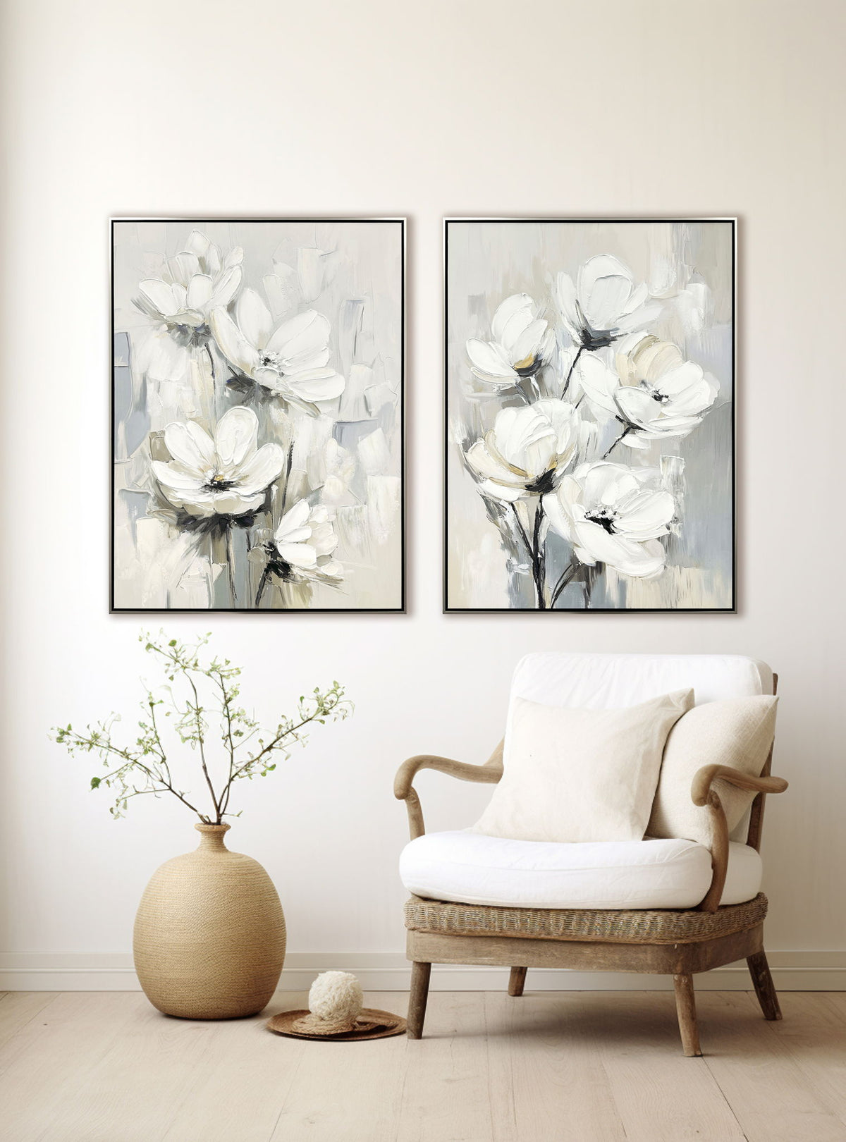 "Whispering Blooms II" Hand-Embellished Canvas In Frame - Neutral / Cream / Ivory