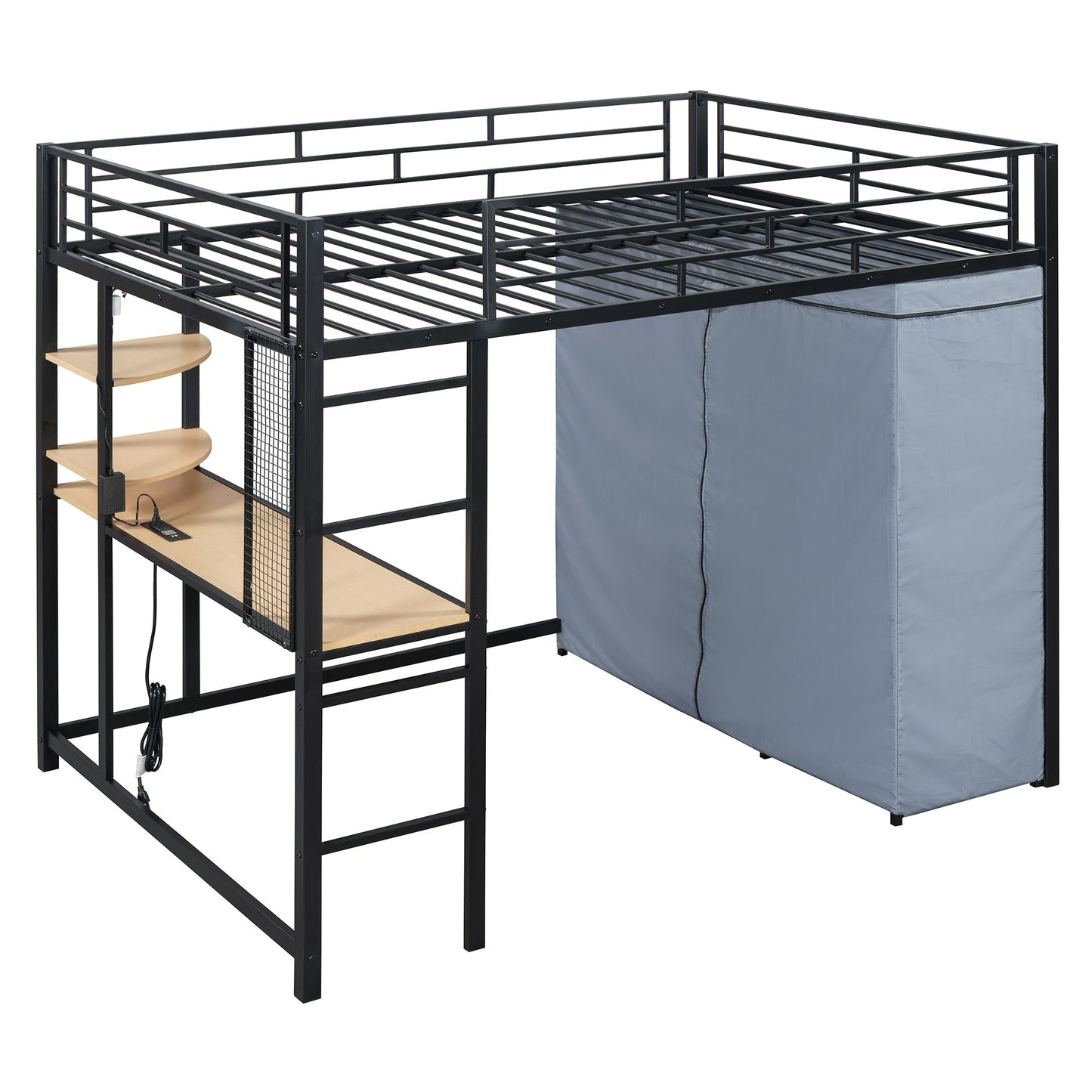Loft Bed With Desk, Shelves, Power Outlet, LED Light And Wardrobe
