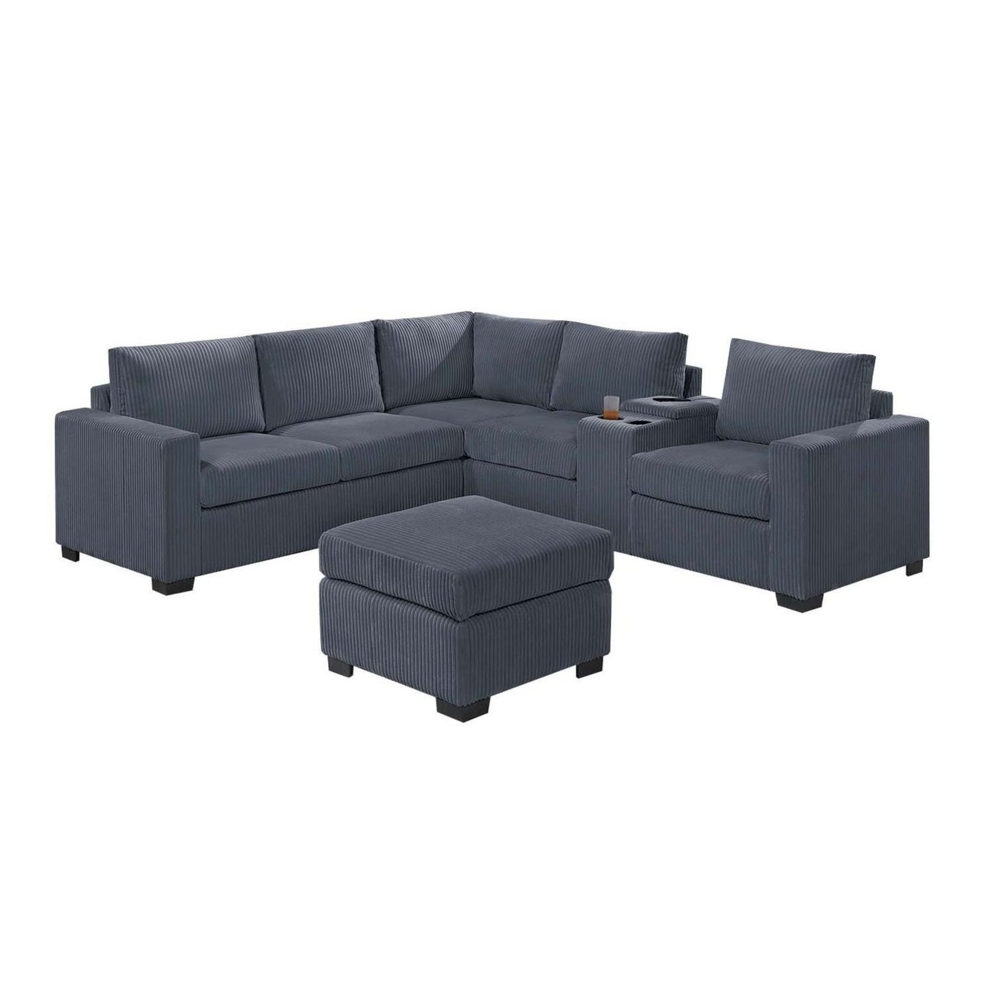 Contemporary L-Shaped Sectional Set With USB Console & Ottoman
