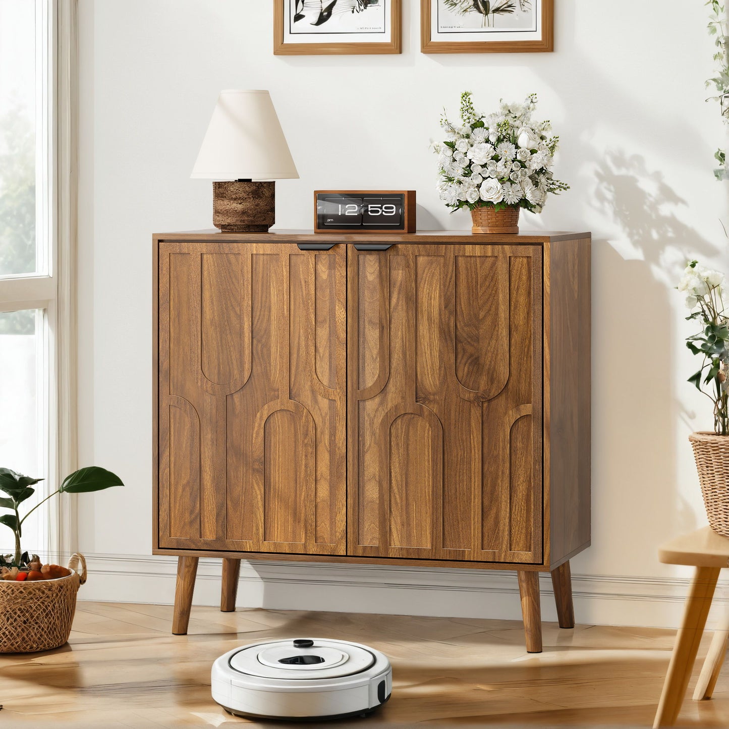 Farmhouse Style Sideboard Buffet Cabinet With Storage Bar Cabinet - Walnut
