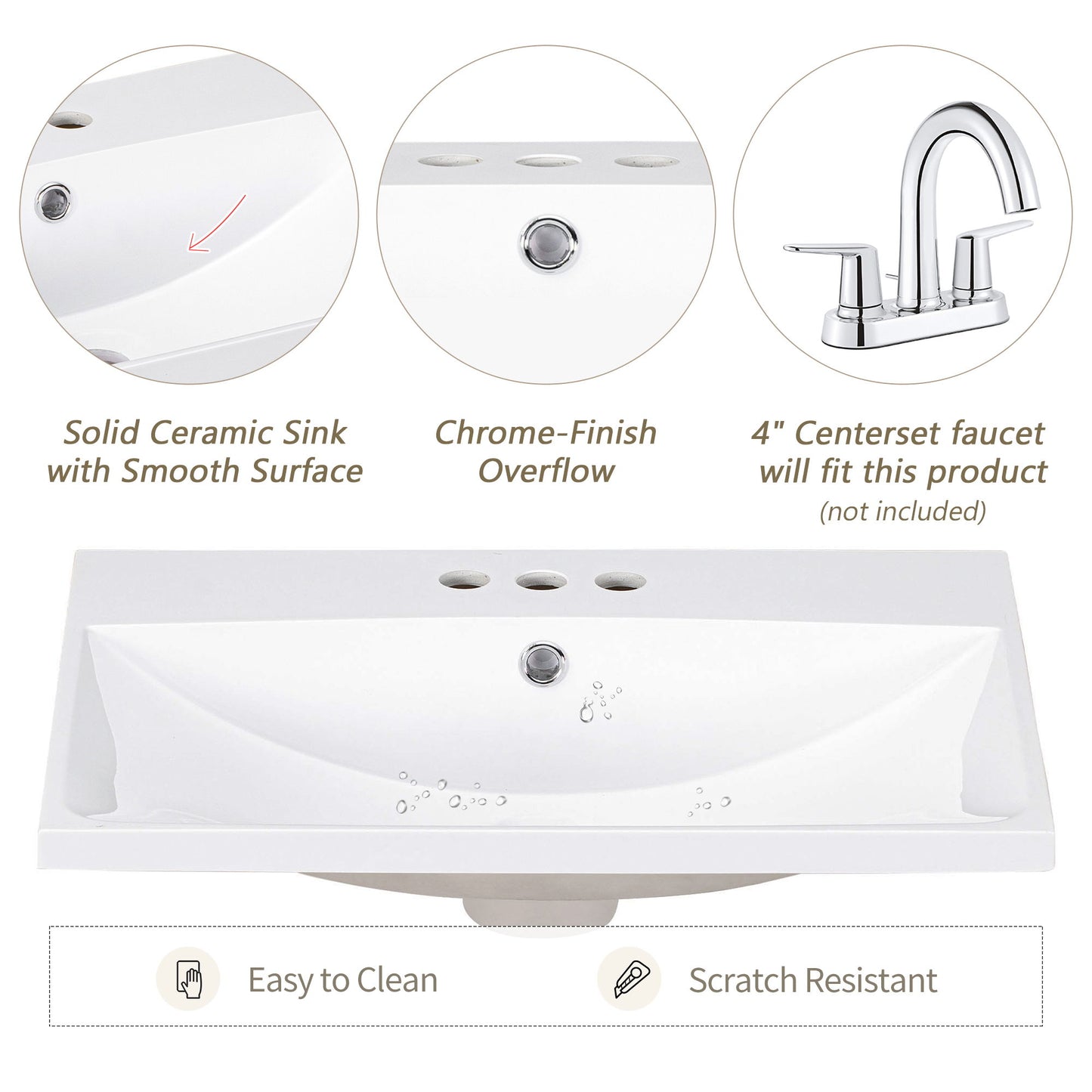 Bathroom Vanity Top, Rectangular Undermount Sink With 3 Faucet Holes, 4" Centerset Compatible - White