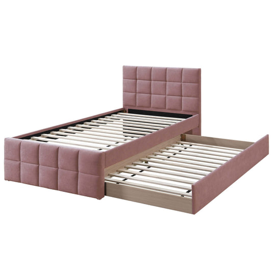 Contemporary Style Bed With Trundle Upholstered Headboard And Footboard Grid Pattern