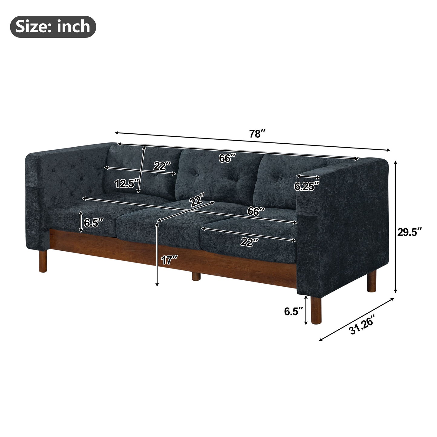 3 Seater Sofa With Square Arms, Tufted Pillow Back For Living Room