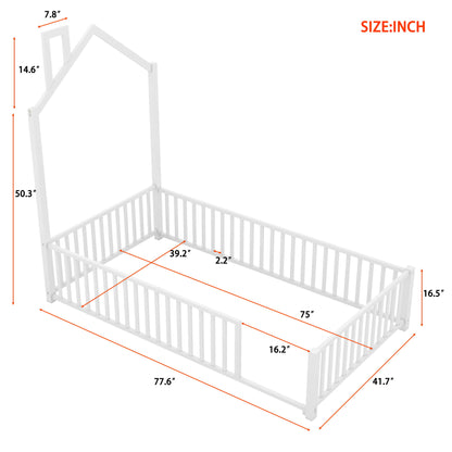Metal House Platform Bed With Guardrail And Chimney
