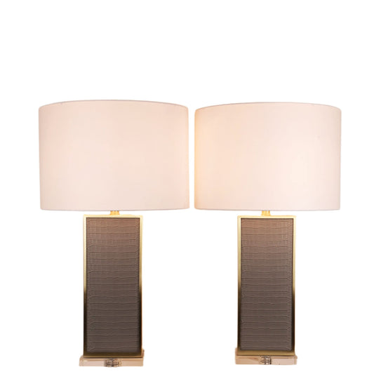 Gator Luxe PU Alligator Leather, Crystal & Metal Table Lamp (Set of 2) - Gray Gator Pu / Soft Gold