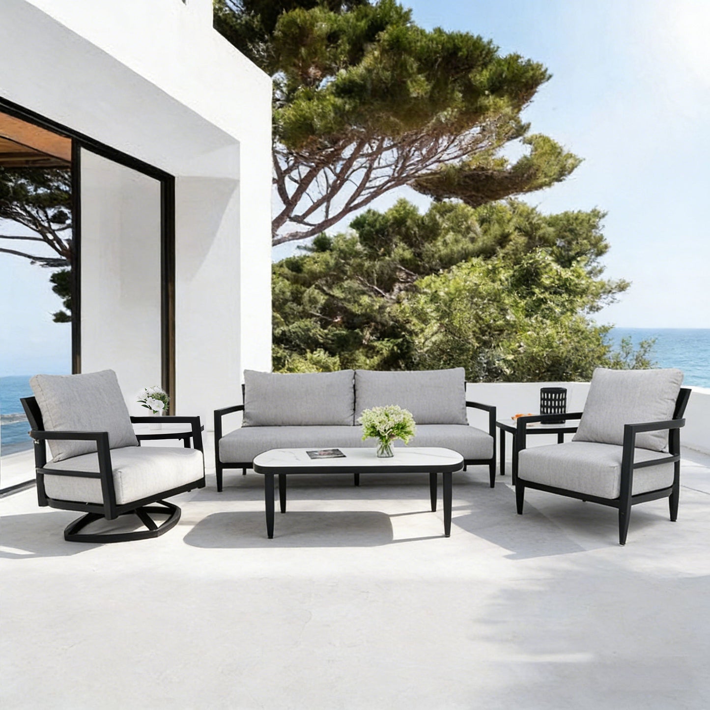 Outdoor Conversation Set With Chairs, Bench Sofa, Tables, Sunbrella Cushions