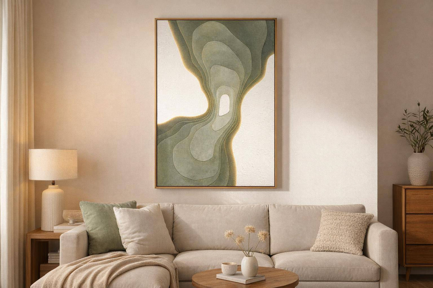 Verdant Passage Hand-Painted LED Canvas In Frame - Sage / Green