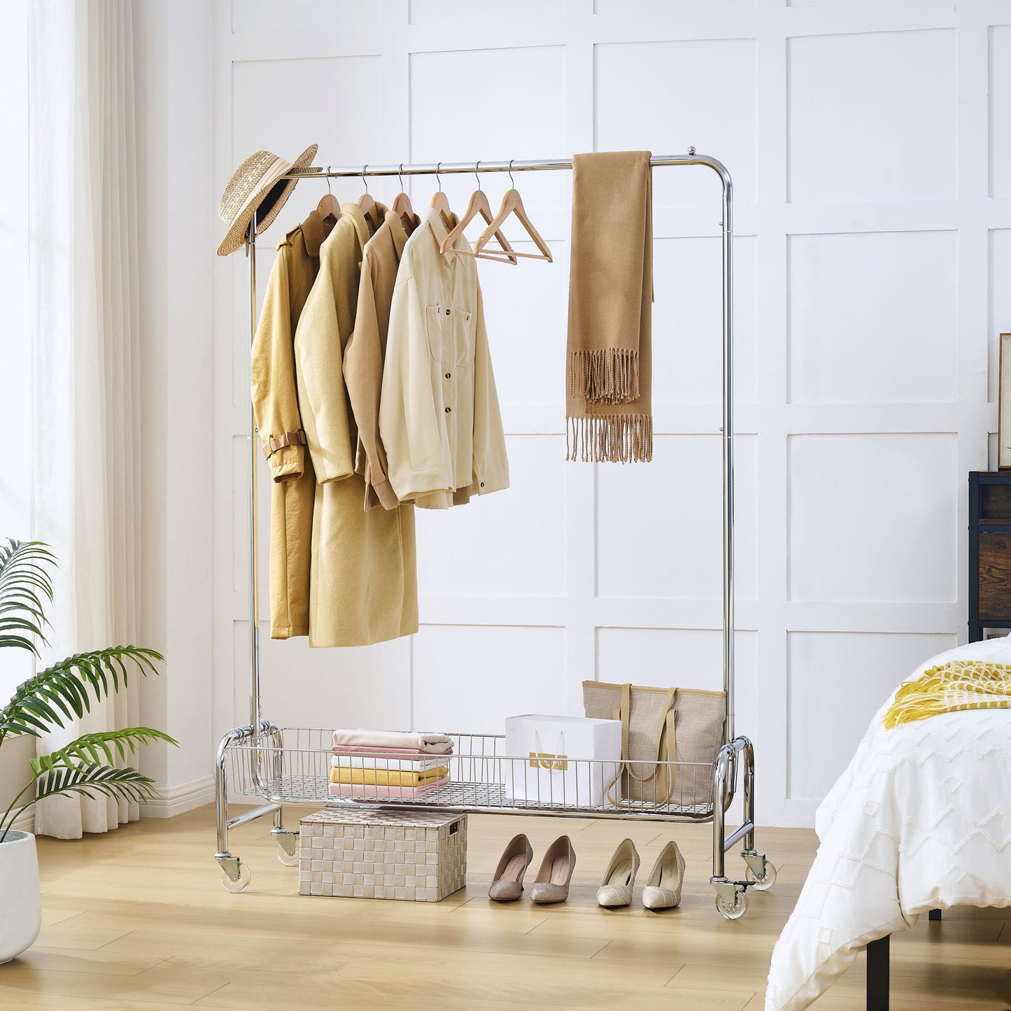 Heavy Duty Iron Garment Rack With Basket On Wheels - Silver