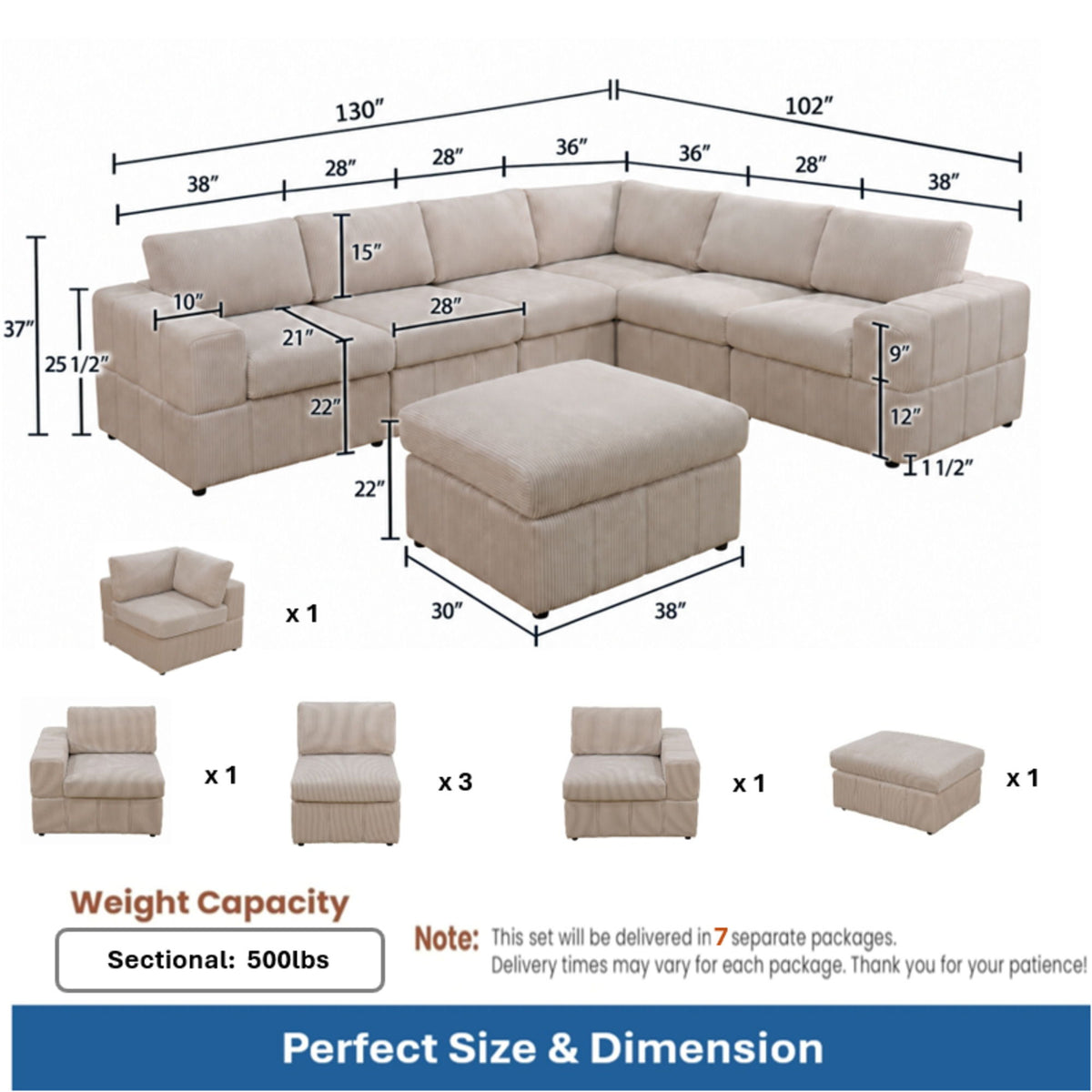 Oversized Modular Sectional Sofa, Reversible With Ottoman
