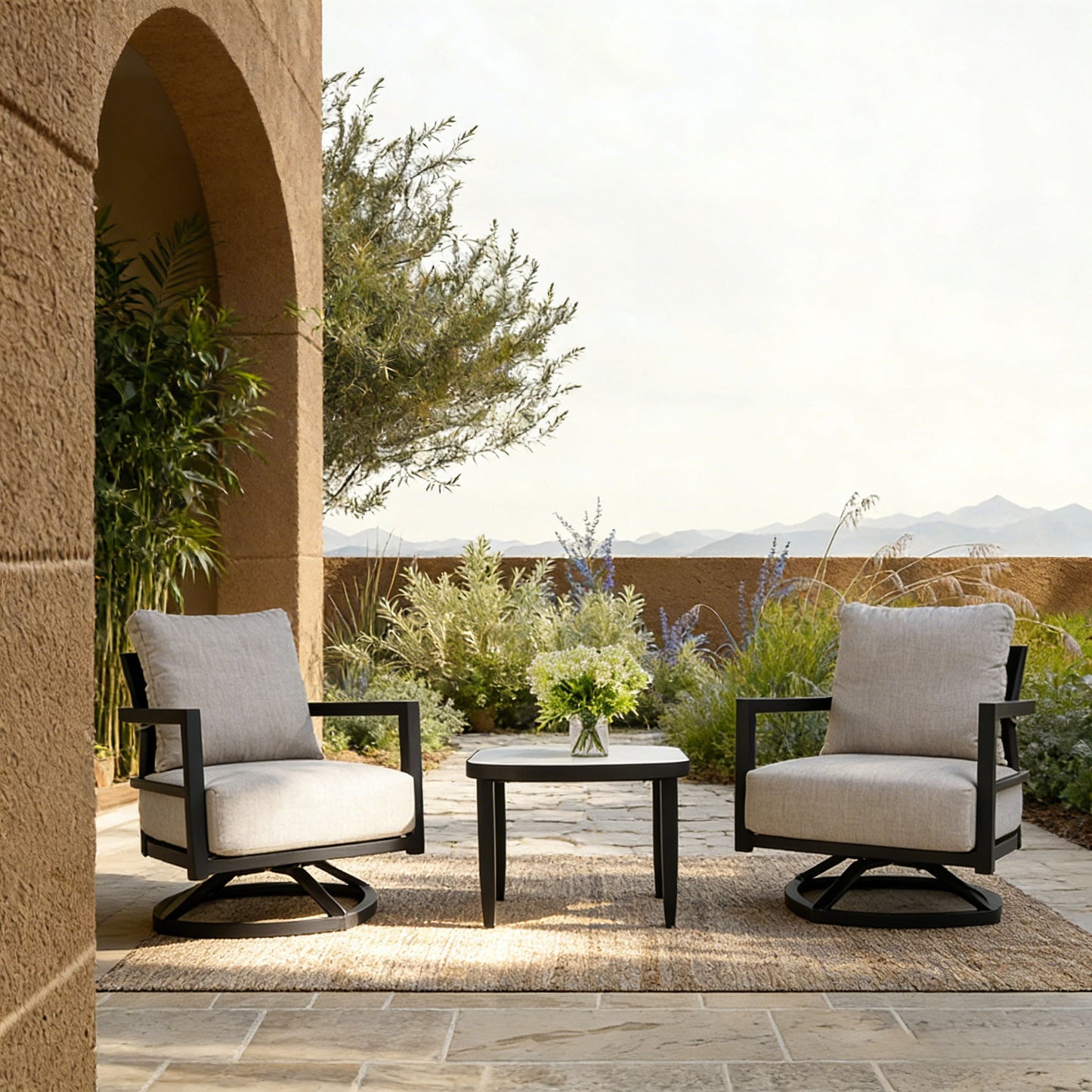 Outdoor Patio Furniture, Chat Set, Sunbrella Cushions And Side Table