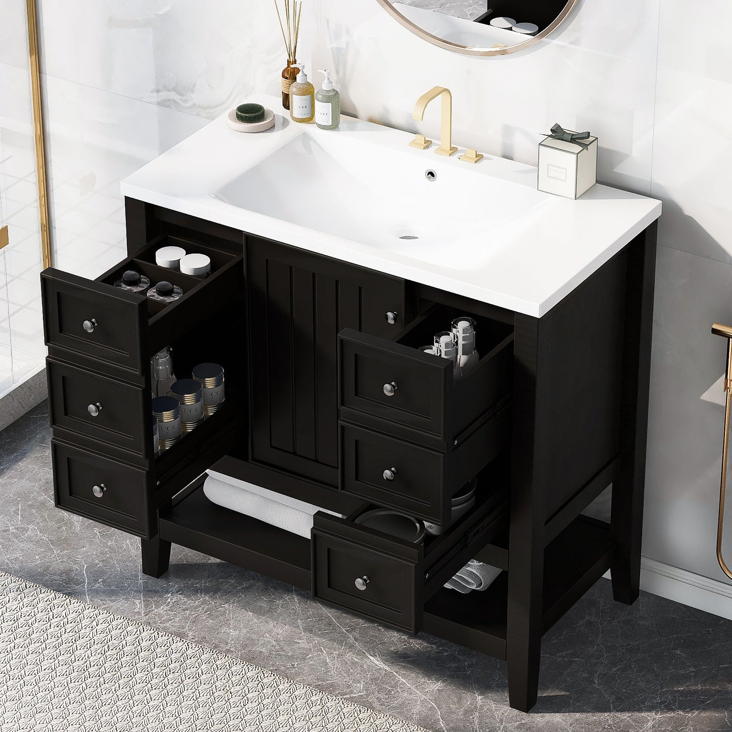36" Bathroom Vanity & Sink, 2 Cabinet And 3 Drawers - Black