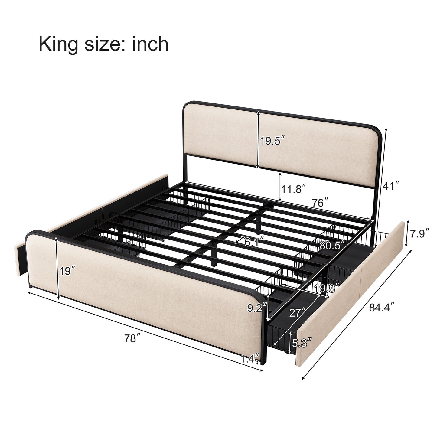 Modern Bed With Curved Upholstered Headboard And Footboard, Heavy Duty Metal Slats