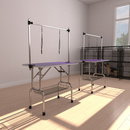 Folding Dog Pet Grooming Table Stainless Steel Frame Rubber Mat On Board With Adjustable Arm And Clamps Pet Dog Cat Grooming Table