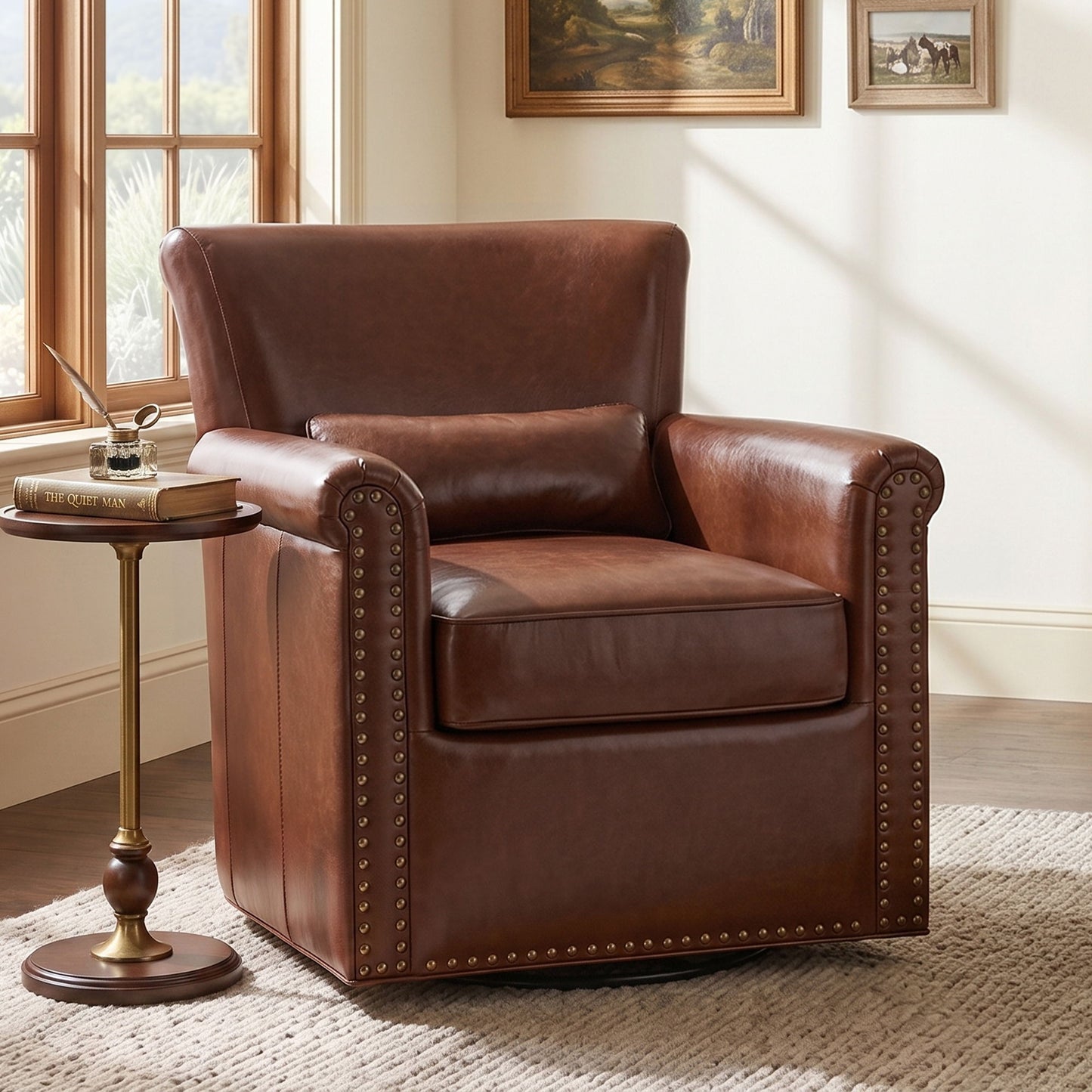 Swivel Accent Chair With Rolled Arm, Sewn Pillow Back, Nailhead Trim For Living Room