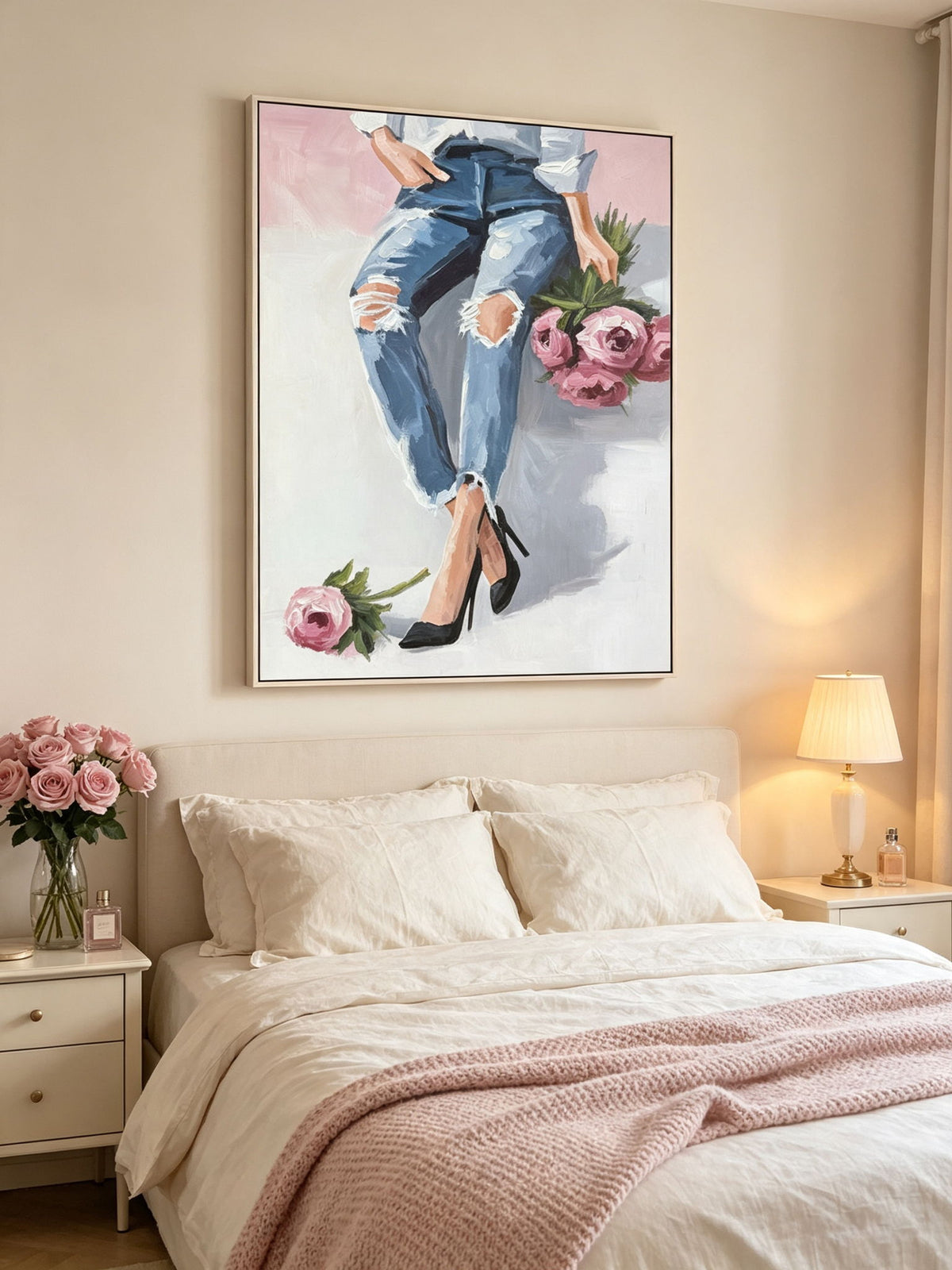 Denim And Peonies II - 36 X 48 - Hand-Embellished Canvas In Frame - Blue