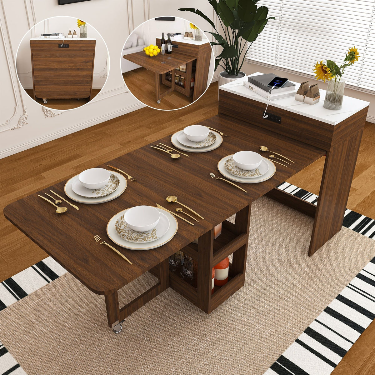 Extendable Dining Table With Power Socket, Lockable Casters, Storage Cabinet