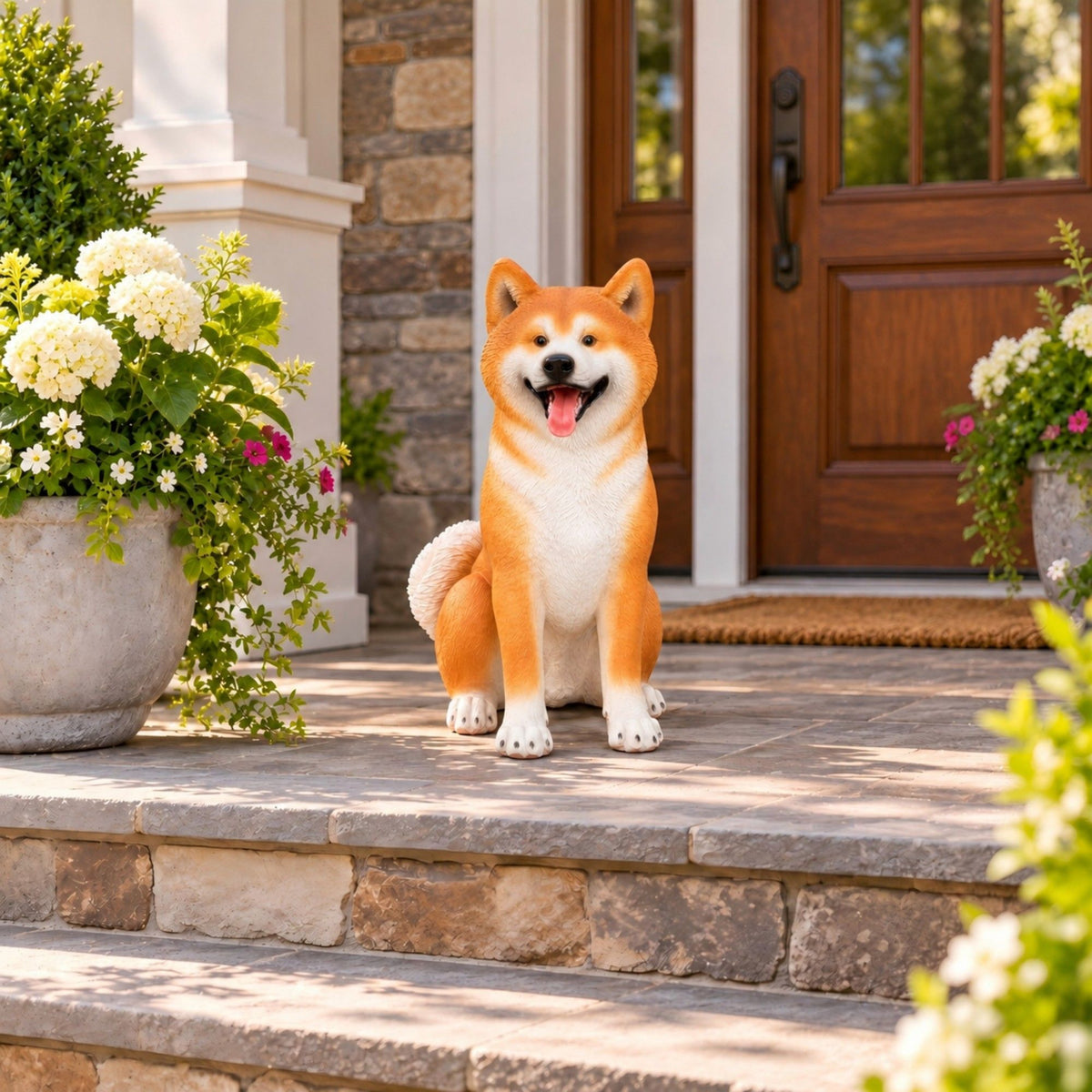 Shiba Inu Dog Statue, Sitting Animal Sculpture For Home Garden - Yellow / White