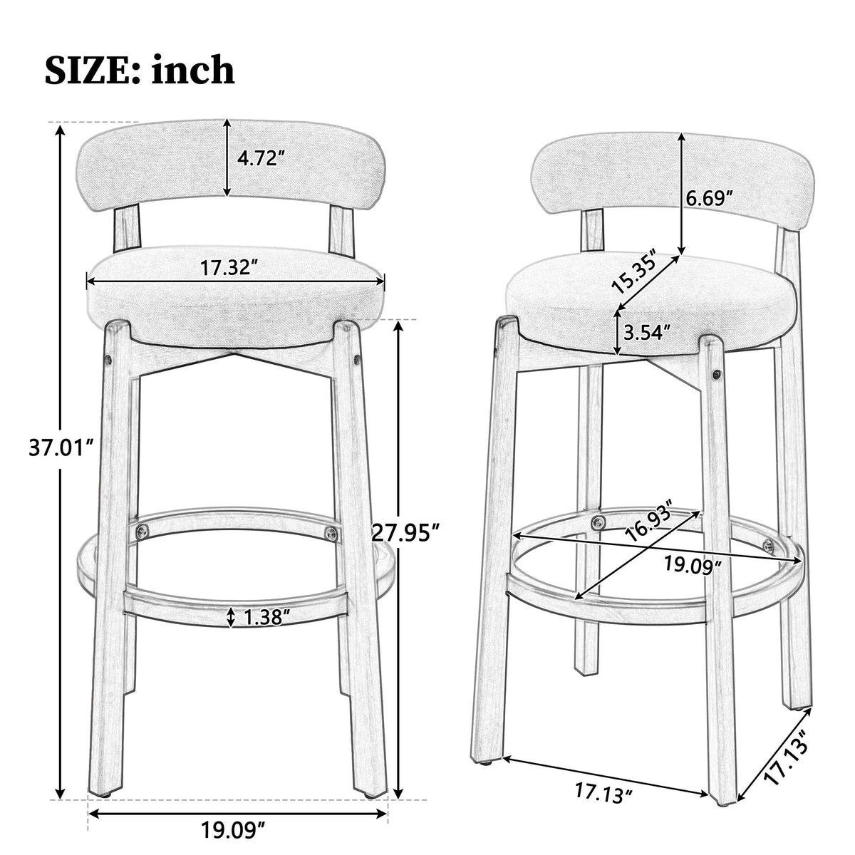 Bar Stool With Curved Backrest, Rounded Edges, And Footrest (Set of 2) - Beige / Walnut