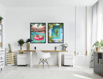 Poolside Escape Hand-Embellished LED Canvas In Frame - Green / Pink