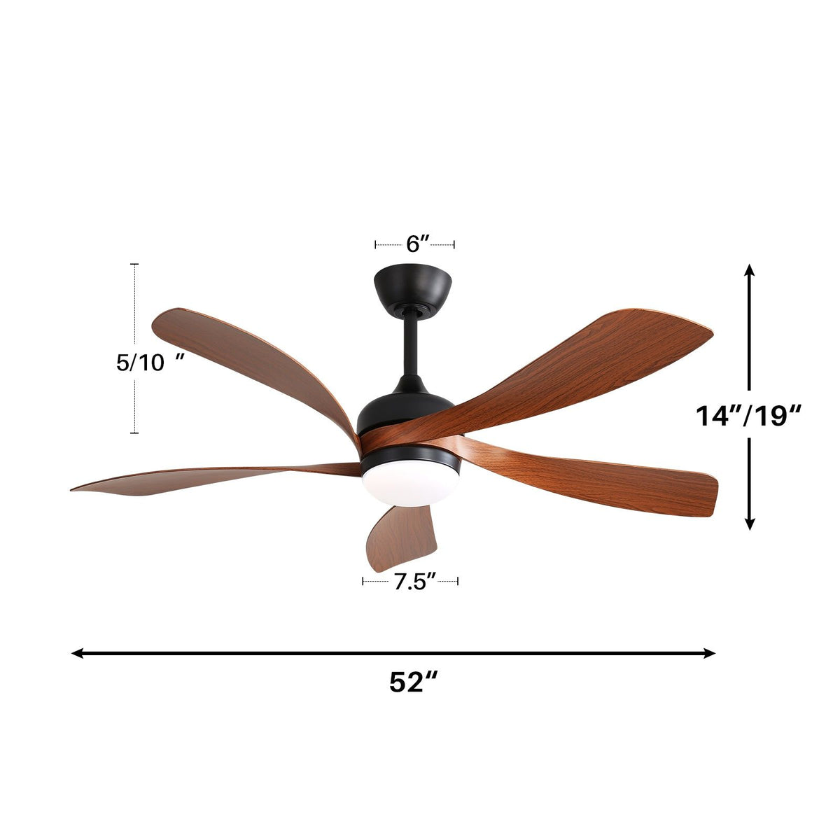 52" Ceiling Fan With 3 Color Dimmable LED Light, 5 Blades, Remote Control, Reversible DC Motor