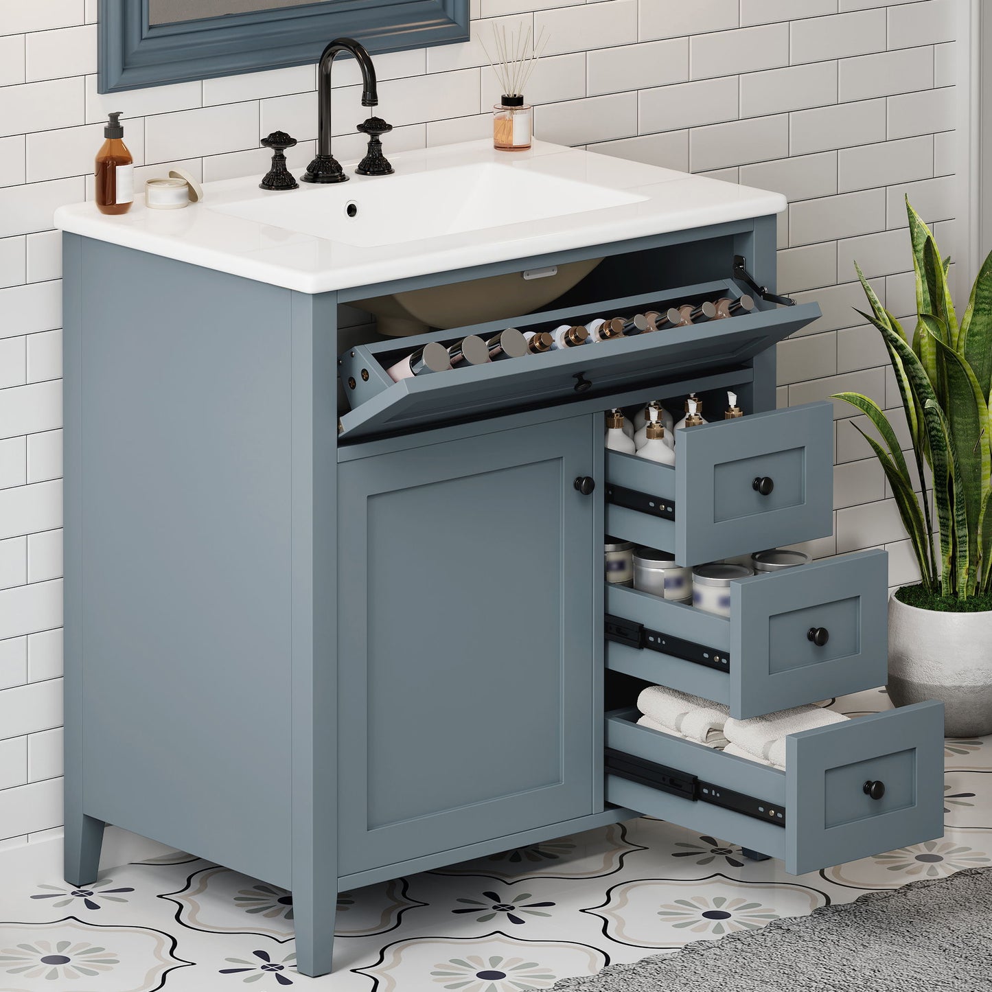 Bathroom Vanity With Sink, 3 Drawers And Adjustable Shelf
