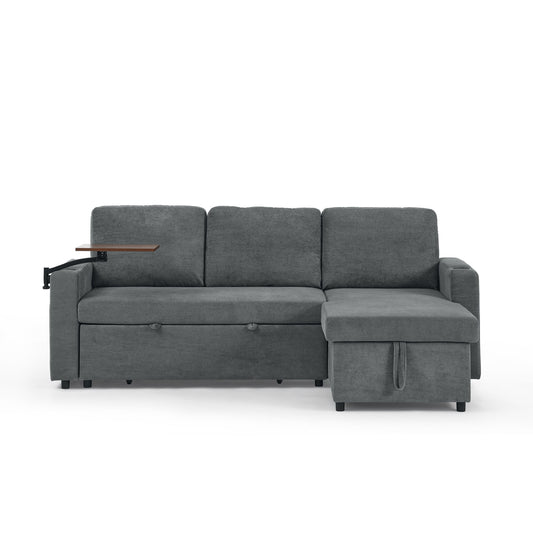 Multi Functional Pull Out Bed Sofa With Retractable Table, LED Lighting, USB Charging Ports & Cup Holders
