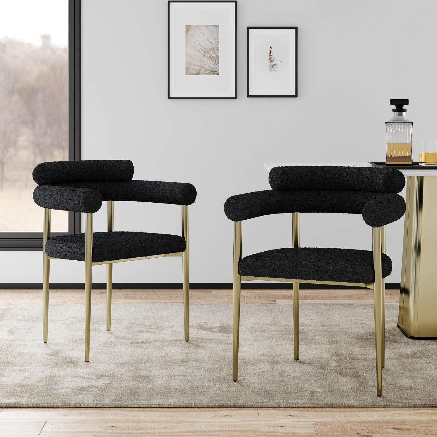 Dining Chairs (Set of 2), Mid-Century Modern Dining Chairs, Kitchen Dining Room Chairs, Round Boucle Backrest Sherpa Dining Chair With Brushed Metal Legs