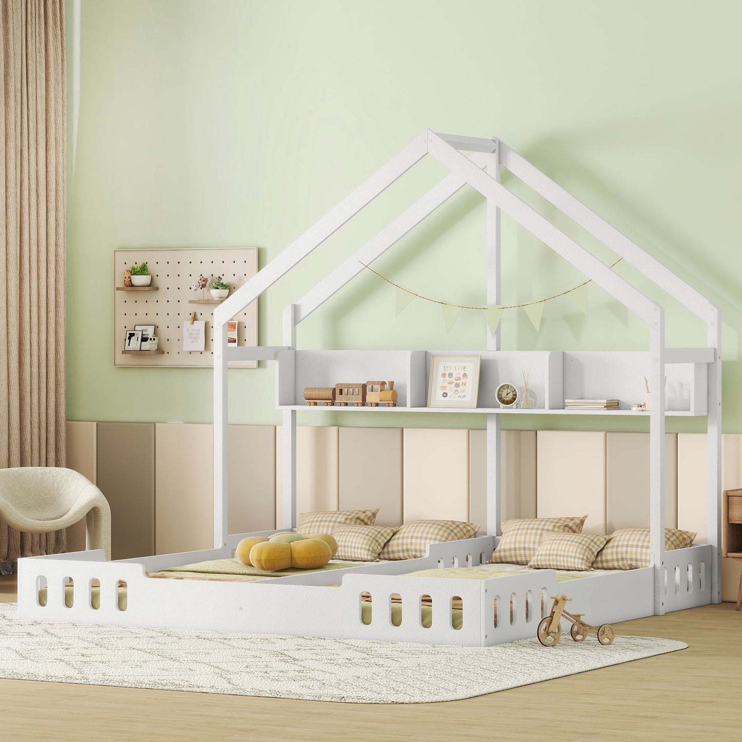 Twin Size Platform Bed With Shared Design, Guardrails, And Built In Shelves - Creamy White