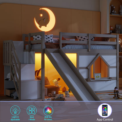 Loft Bed With Storage Stairs, Slide, Playhouse Window And 7 Colors LED Lights