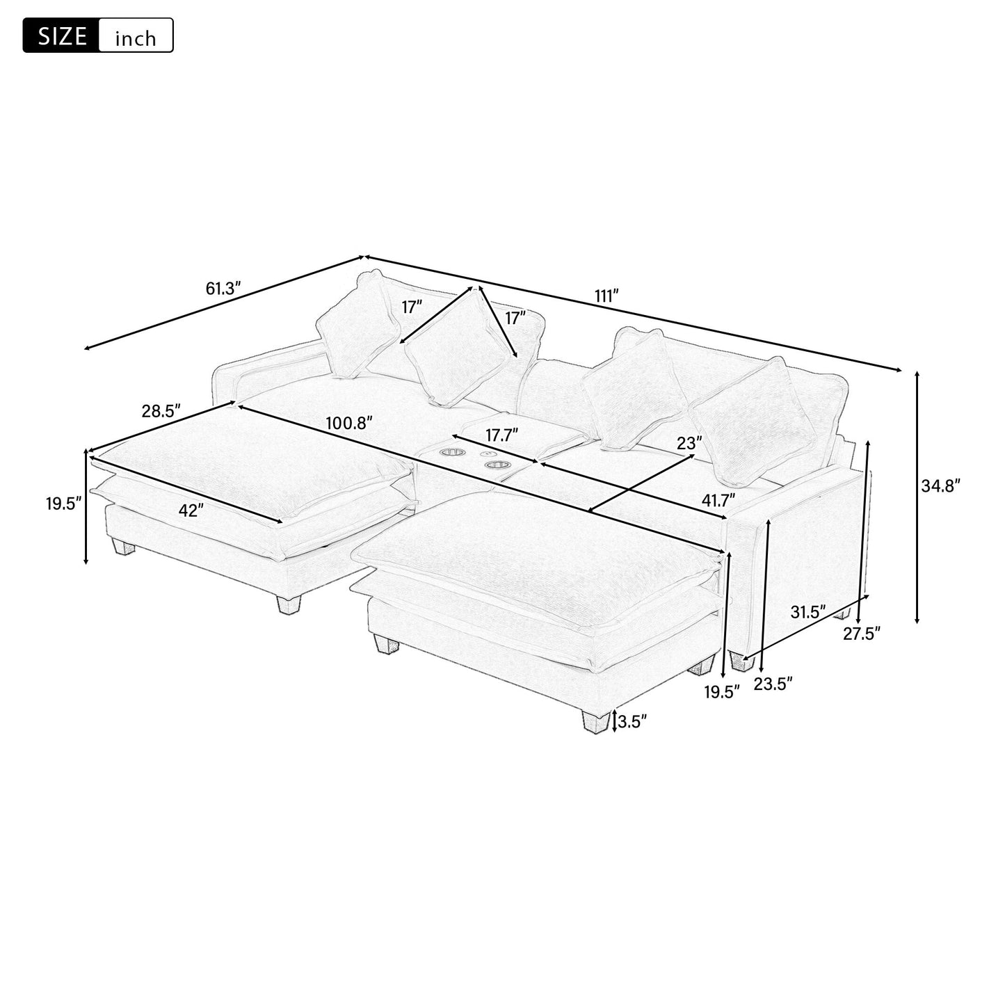 Sectional Sofa Upholstered Sofa With Two Removable Ottoman, Two USB Ports, Two Cup Holders And Large Storage Box For Living Room