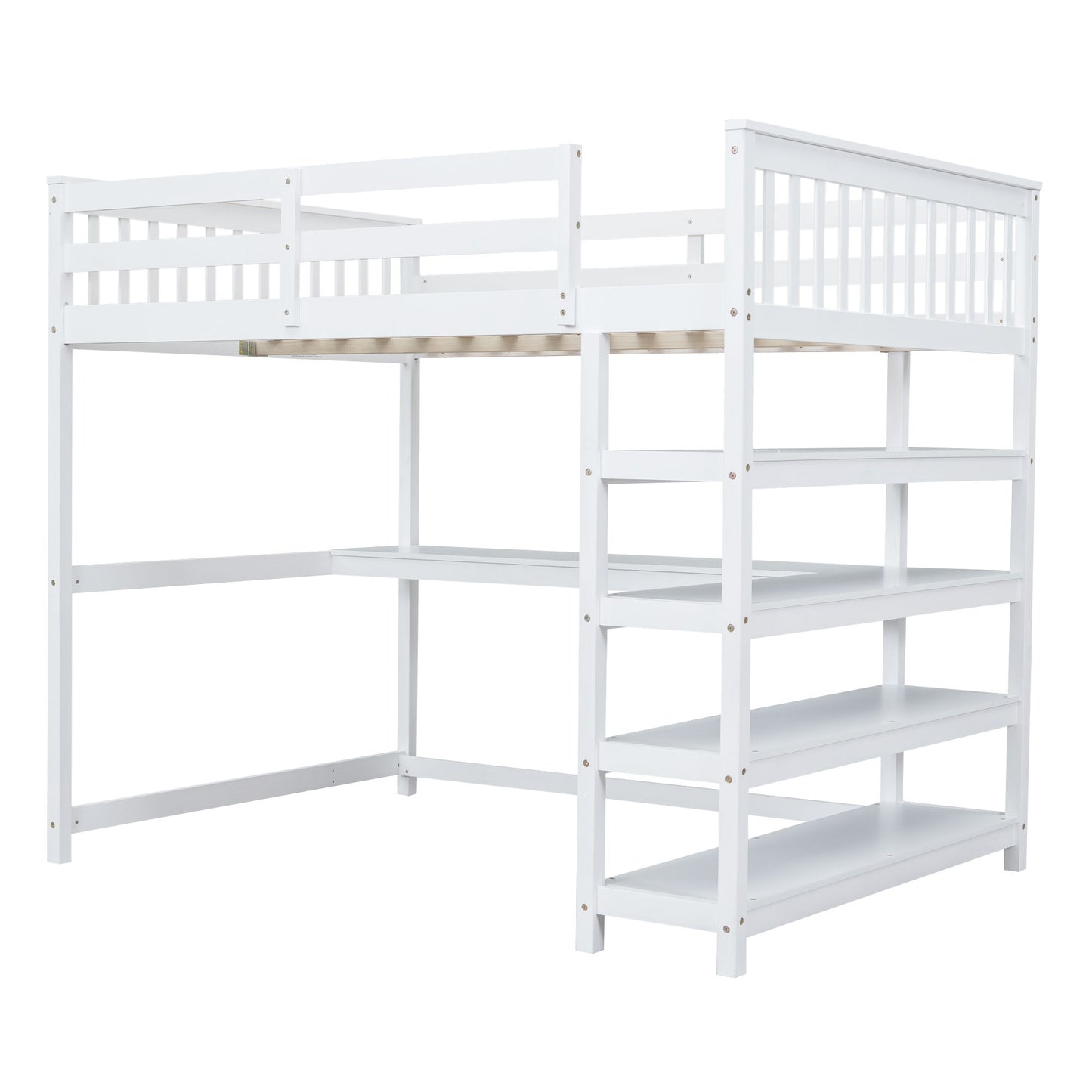 Loft Bed With Storage Shelves And Under Bed Desk