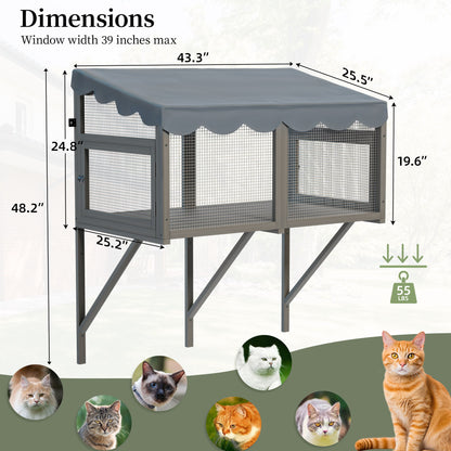 Window Perch Catio For Indoor Cats, Expandable Enclosure With Secure Frame And Waterproof Roof, Suitable For Multiple Kittens - Gray