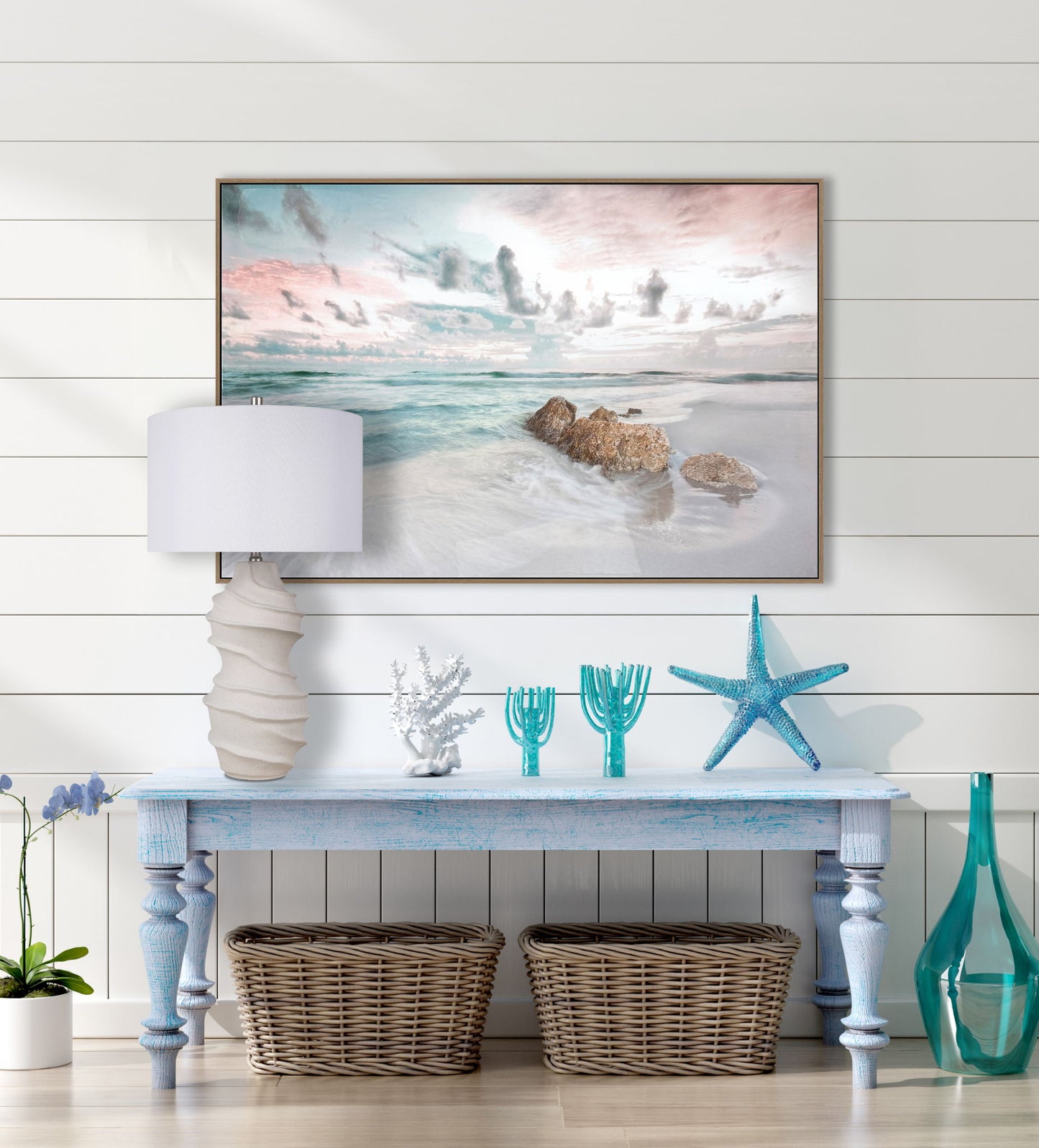 Blush Tide Gloss Canvas In Frame - Beige / Black