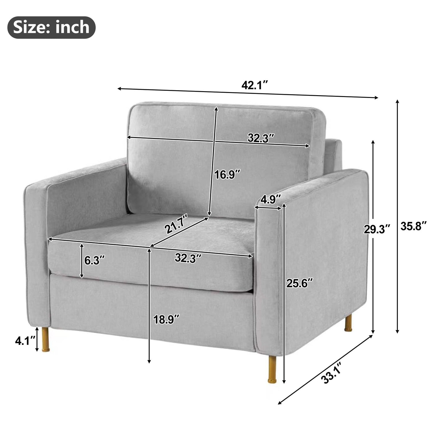 Accent Chair Upholstered Single Sofa With Square Arms, Sewn Pillow Back For Living Room