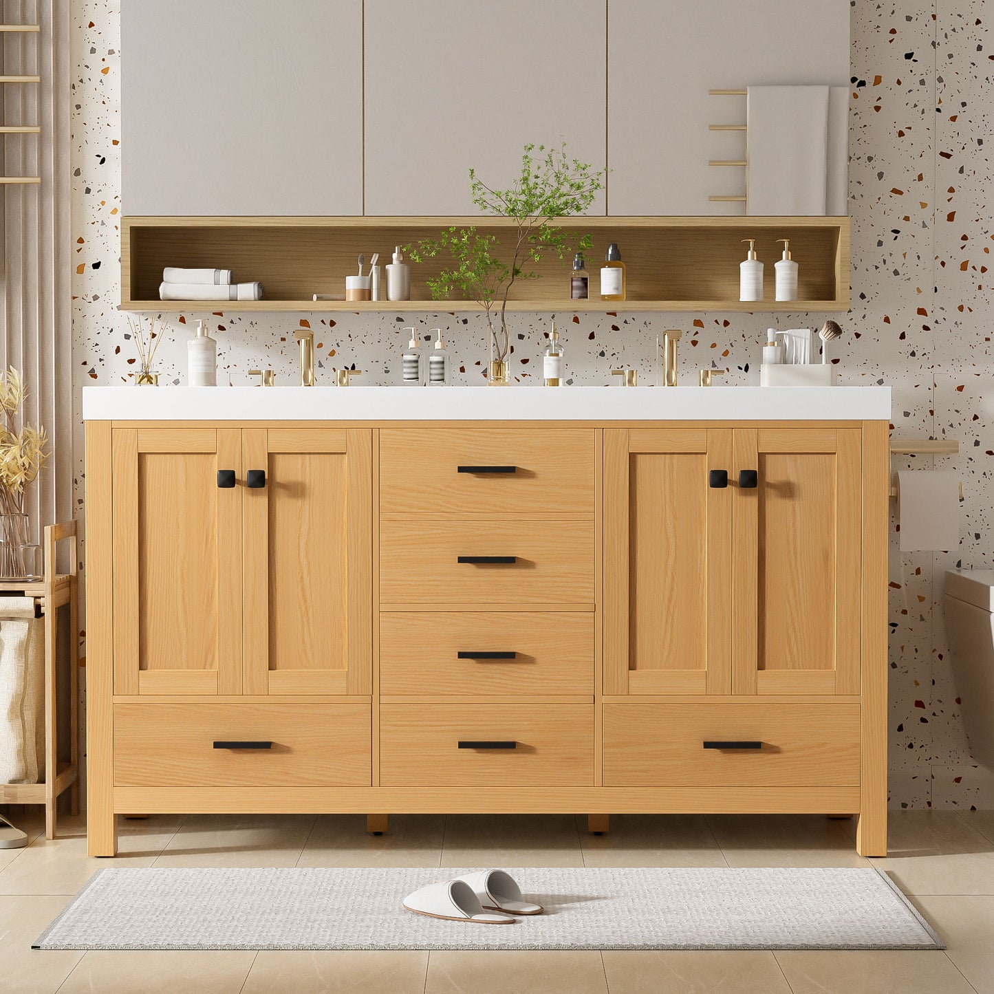 Bathroom Vanity With Double Sink, Soft Close Doors & Drawers Handles - Wood