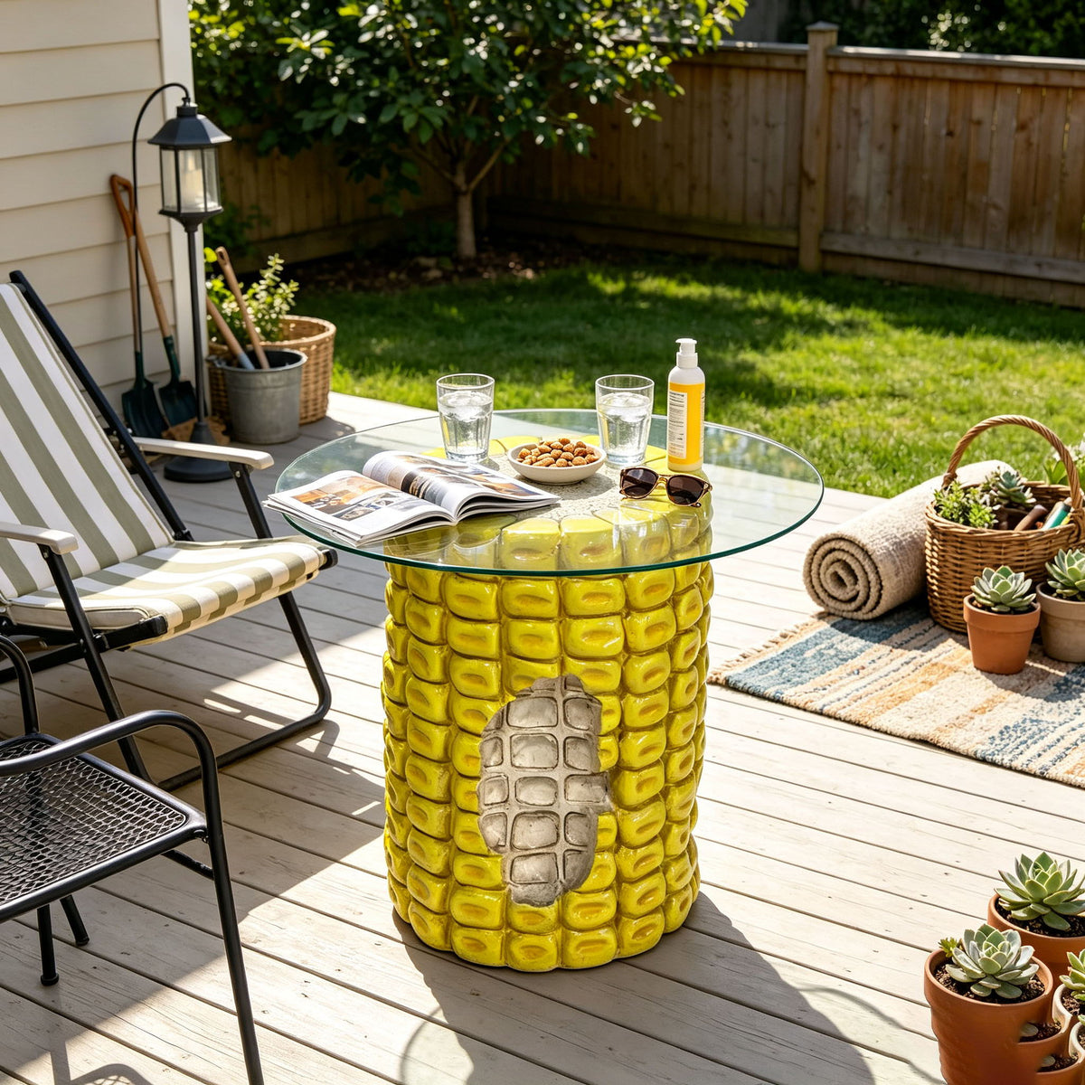 17.32" High Novelty Corn Cob Side Table, 19.69" Wide Vegetable-Shaped End Table With Glass Top, Multi-Functional Accent Furniture For Home & Garden Decoration
