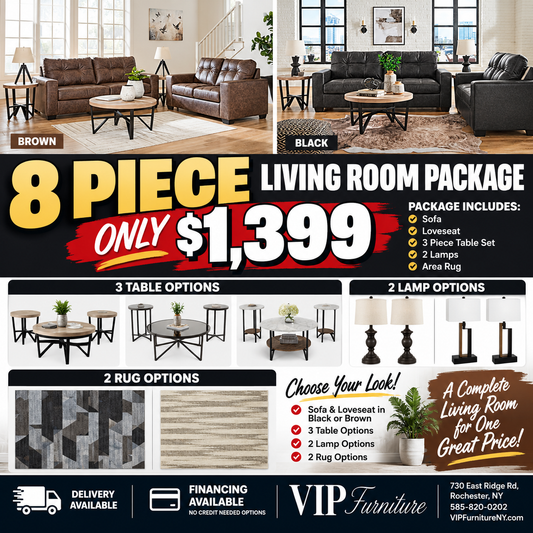 8-Piece Living Room Package – Sofa, Loveseat, Tables, Lamps & Rug – $1,399