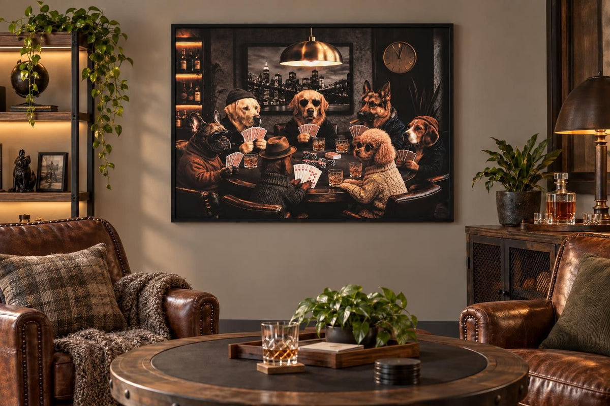 The Canine Card Club - 48 X 36 - Hand-Embellished Canvas In Frame - Black, Brown, Amber