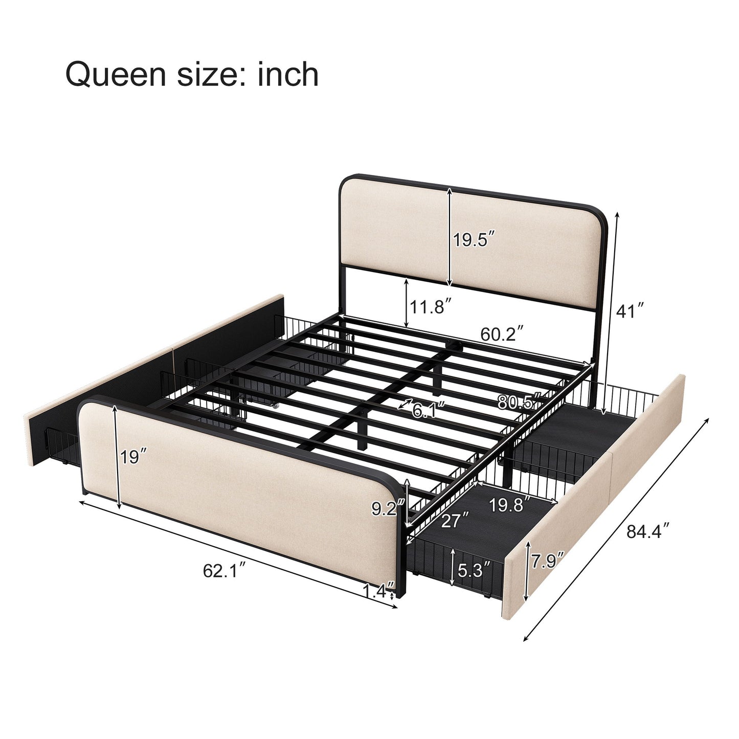 Modern Bed With Curved Upholstered Headboard And Footboard, Heavy Duty Metal Slats