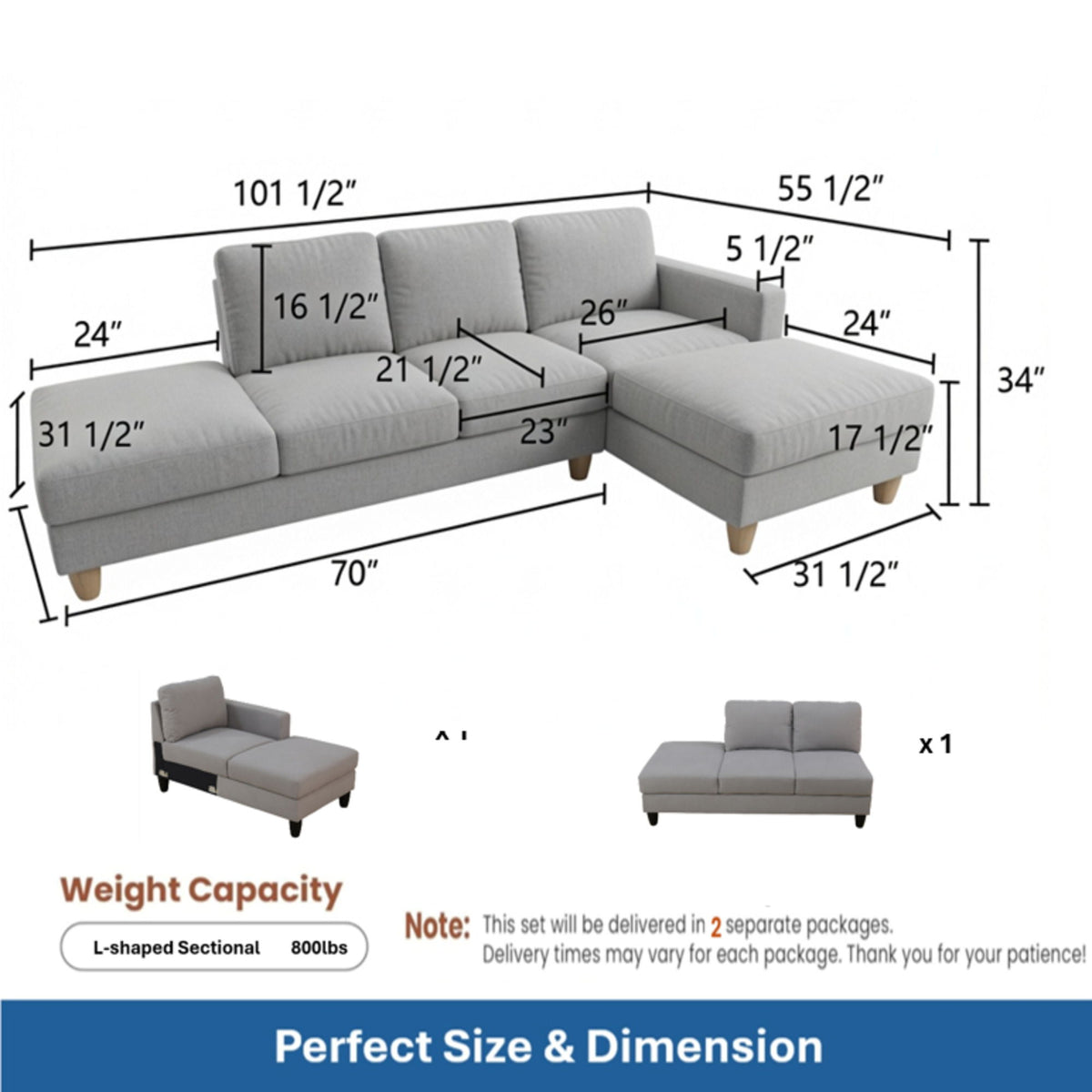L - Shaped Sectional Sofa With Chaise & Ottoman