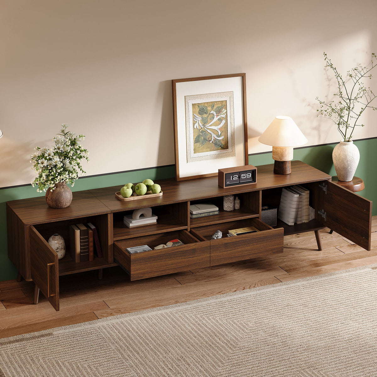 78" TV Stand For 85" TVs With Soft Close Doors, Open Shelf - Walnut