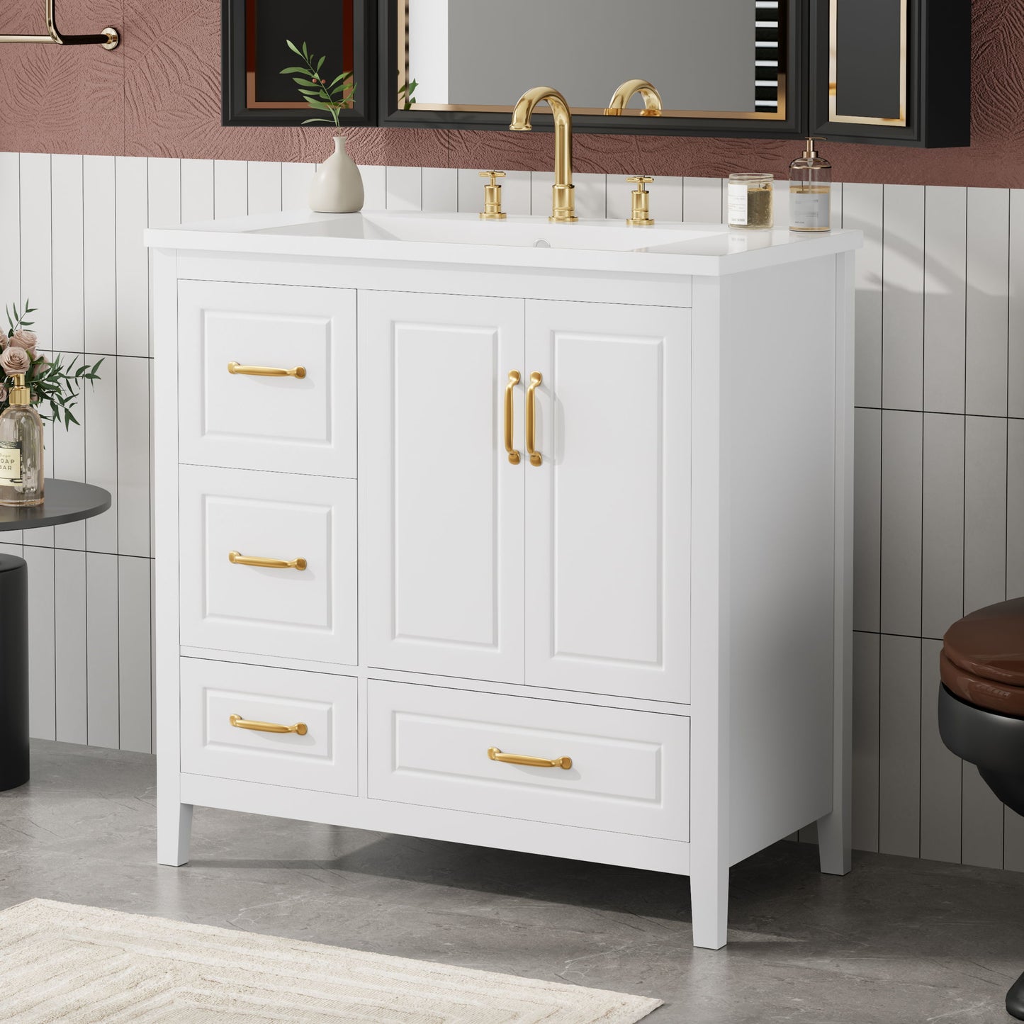 Bathroom Vanity With Sink, Soft Closing Doors & Drawers, Metal Handles